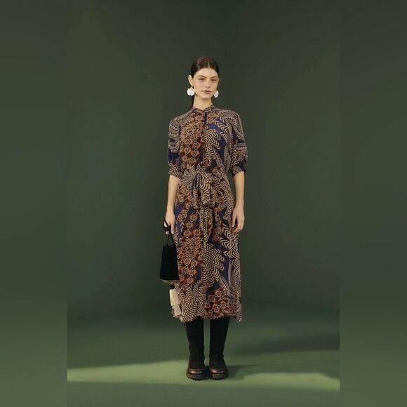 Farm Rio Yawanawa Vanahu Midi Blue Orange Shirt Dress Size S - Picture 5 of 13